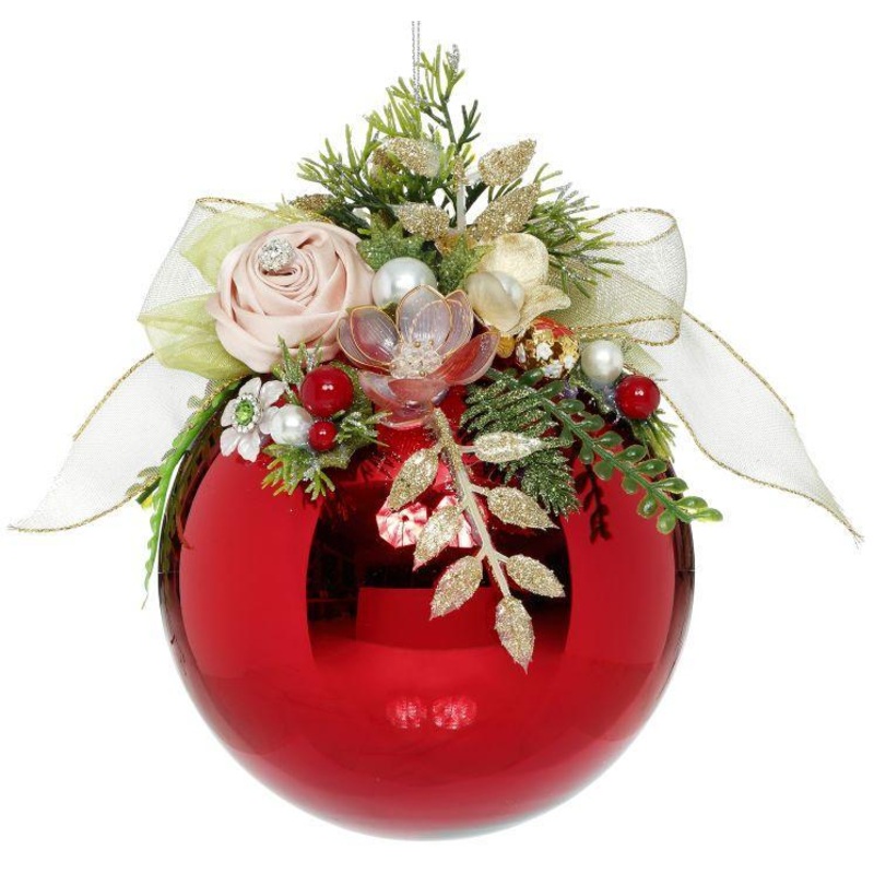 Floral Jeweled Ornament, Shiny, Red -8 Inches
