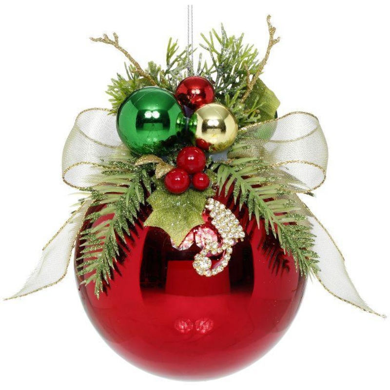 Floral Jeweled Ball Ornament, Shiny, Red – 6 Inches