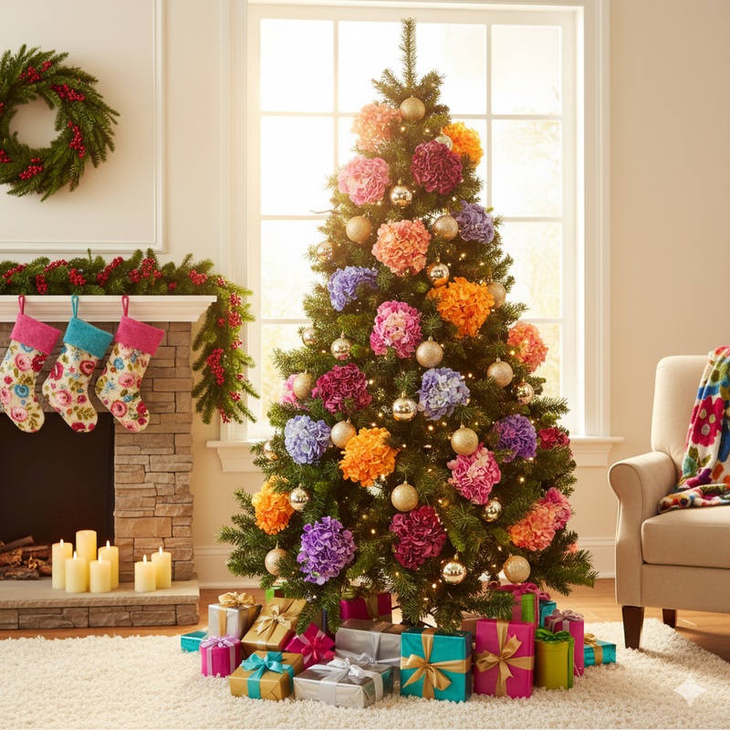 Floral Christmas Tree Decor Set 2.4m | Mixed Hydrangeas & Gold
