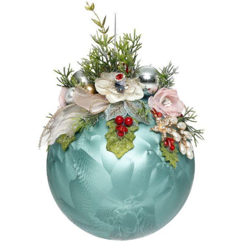 Floral Jeweled Ornament, Frosted, Blue – 7.5 Inches