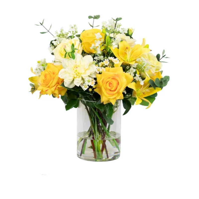 Yellow and White Flowers Set in a cylindrical glass vase | Silk by Design