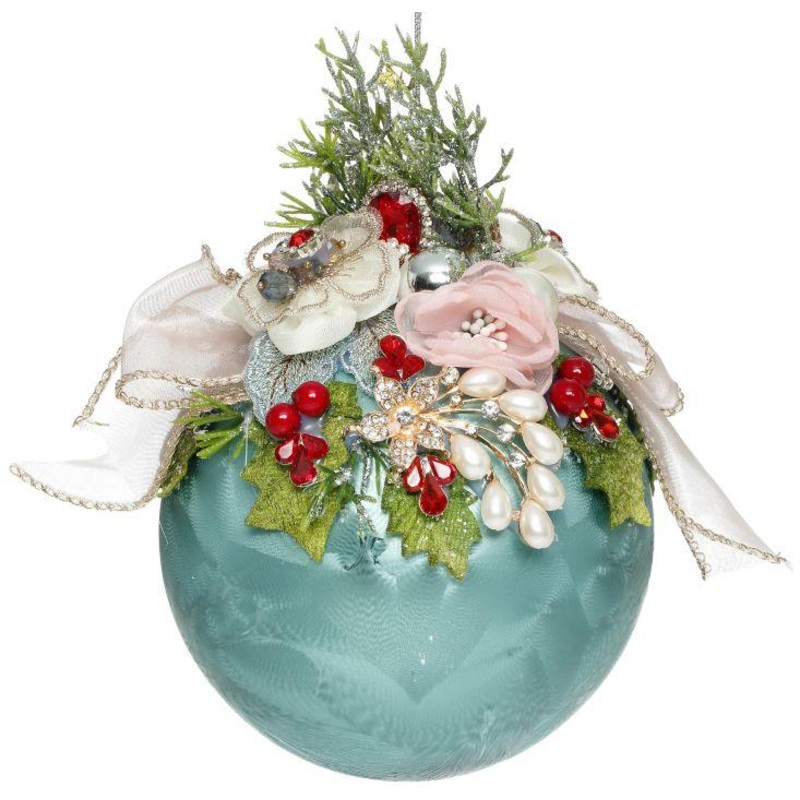Floral Jeweled Ball Ornament, Frosted, Blue – 6.5 Inches